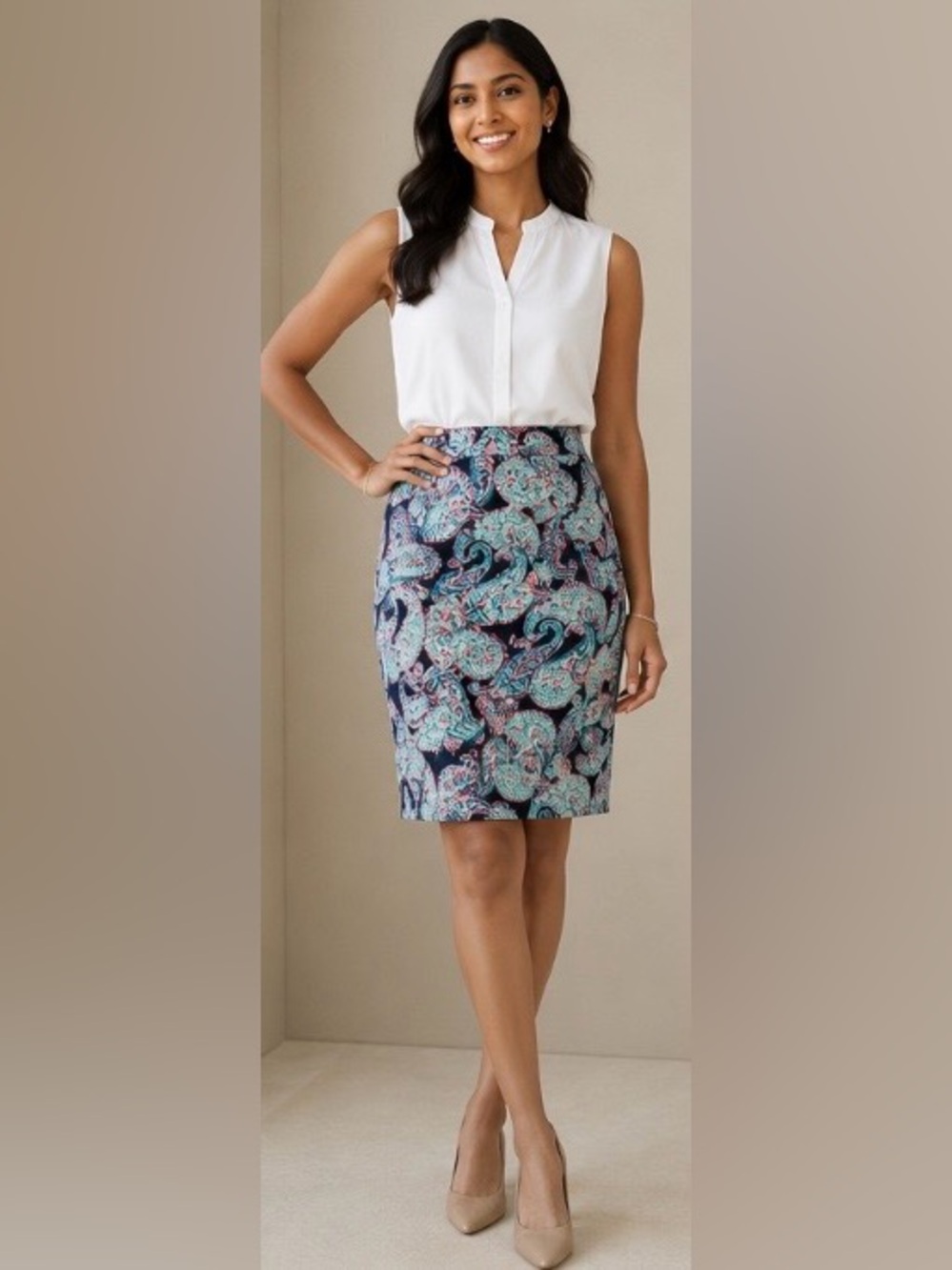 Talbots Petites Paisley Pencil Skirt Size 6P Blue Aqua Pink